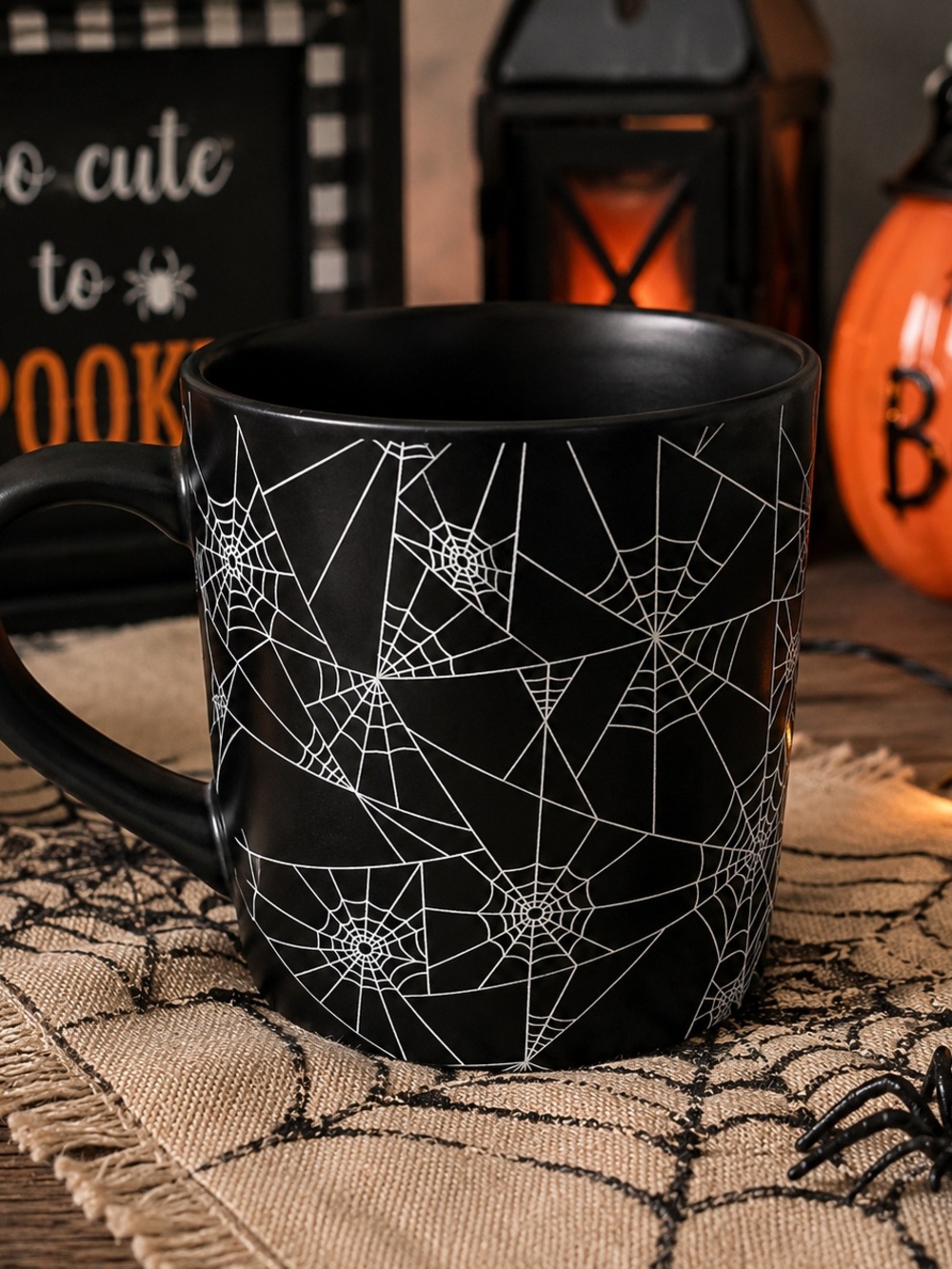 Matte Black Spiderweb Ceramic Mug - Halloween Coffee Cup